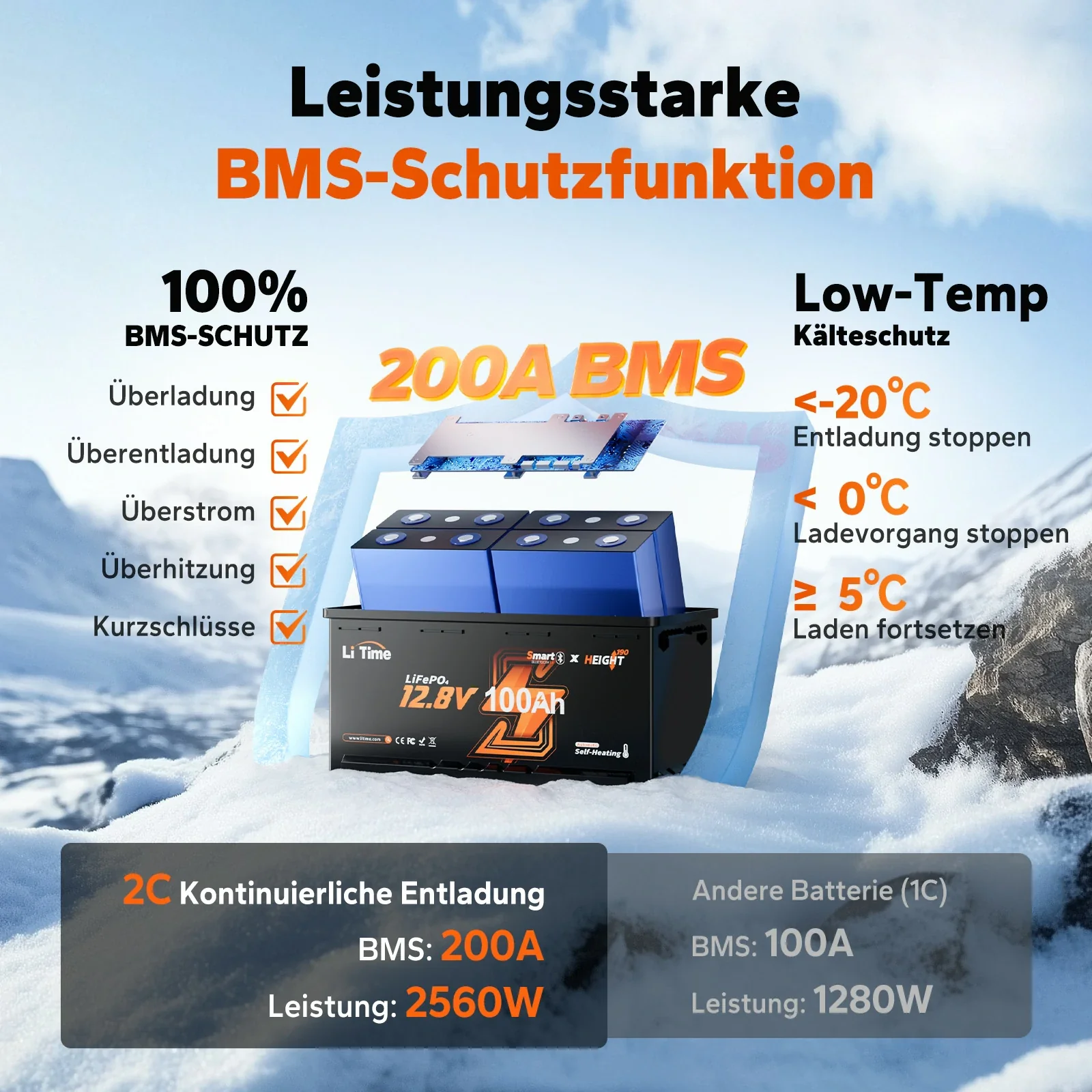 LiFePO4 12V 100Ah H190 Batterie – 200A Dauerstrom für Wohnmobil-Mover mit Bluetooth, Heizung & Untersitz DIN H8 - Image 3