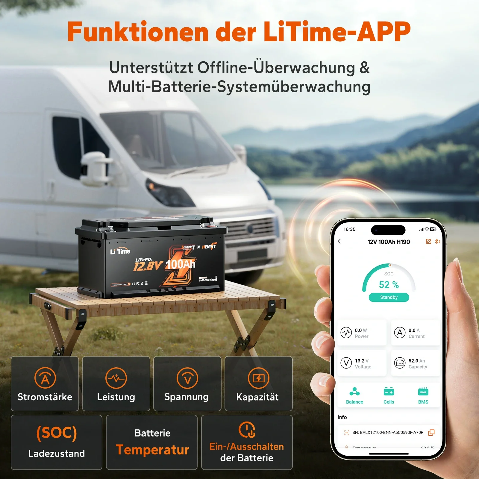 LiFePO4 12V 100Ah H190 Batterie – 200A Dauerstrom für Wohnmobil-Mover mit Bluetooth, Heizung & Untersitz DIN H8 - Image 4