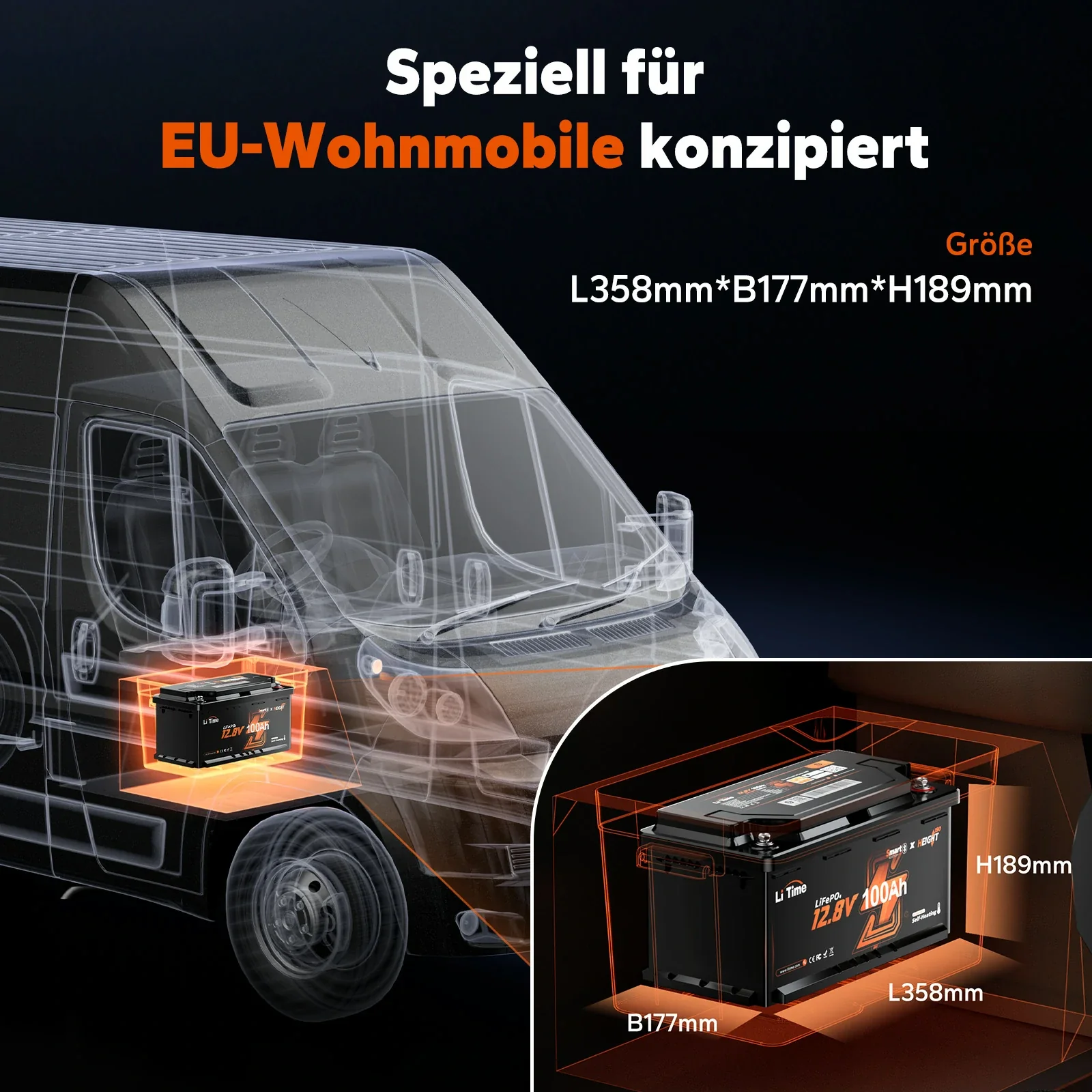 LiFePO4 12V 100Ah H190 Batterie – 200A Dauerstrom für Wohnmobil-Mover mit Bluetooth, Heizung & Untersitz DIN H8 - Image 5