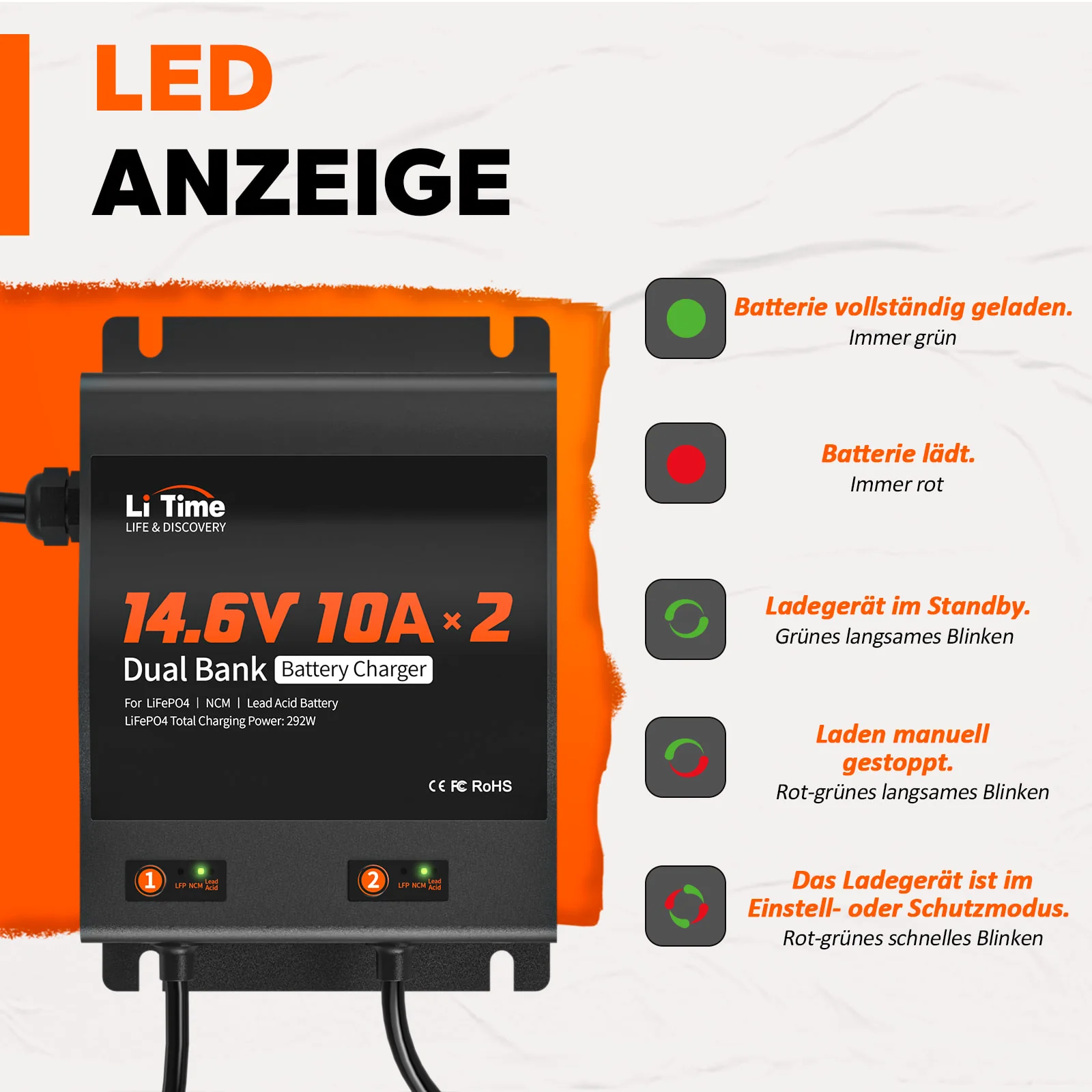 LiTime 14.6V 10A 2-Bank Batterieladegerät IP65 Wasserdicht - Image 3