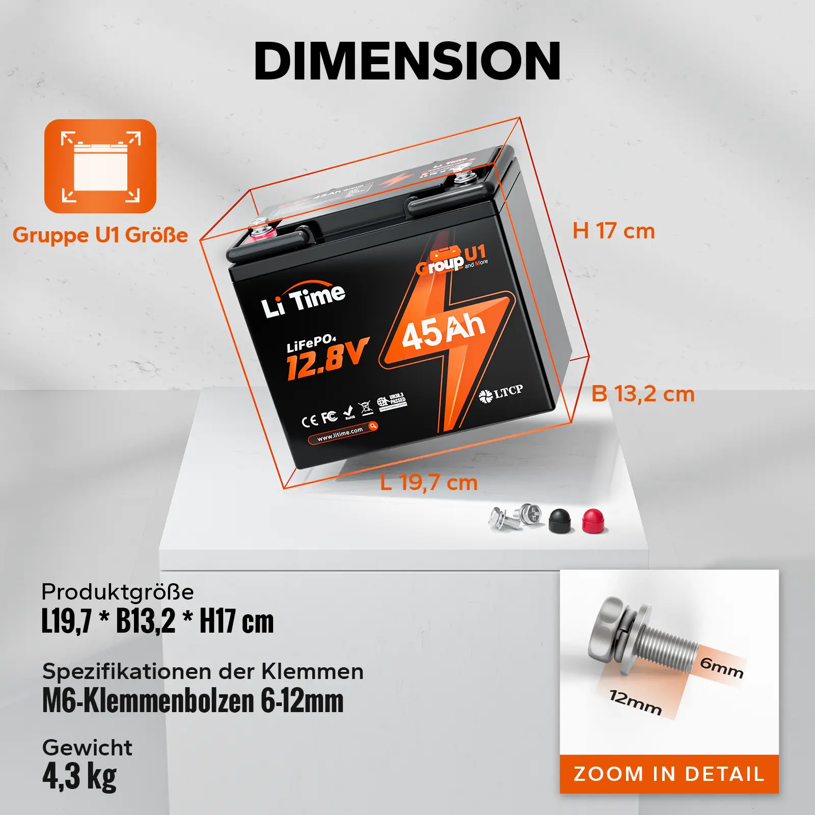 【Nicht mehr erhältlich】LiTime 12V 45Ah Group U1 Deep Cycle Lithium-Batterie Rollstuhl und Seniorenmobil, Elektromobil - Image 8