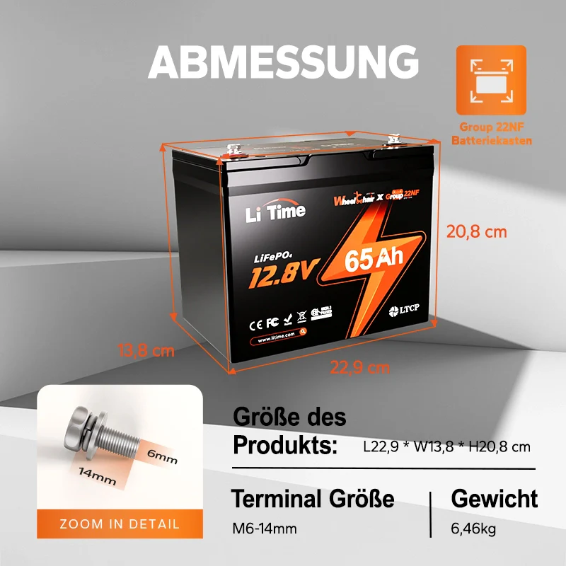 【Nicht mehr erhältlich】LiTime 12V 65Ah Group 22NF Deep Cycle Lithium-Batterie Rollstuhl Schwergewicht und Seniorenmobil, Elektromobil - Image 8