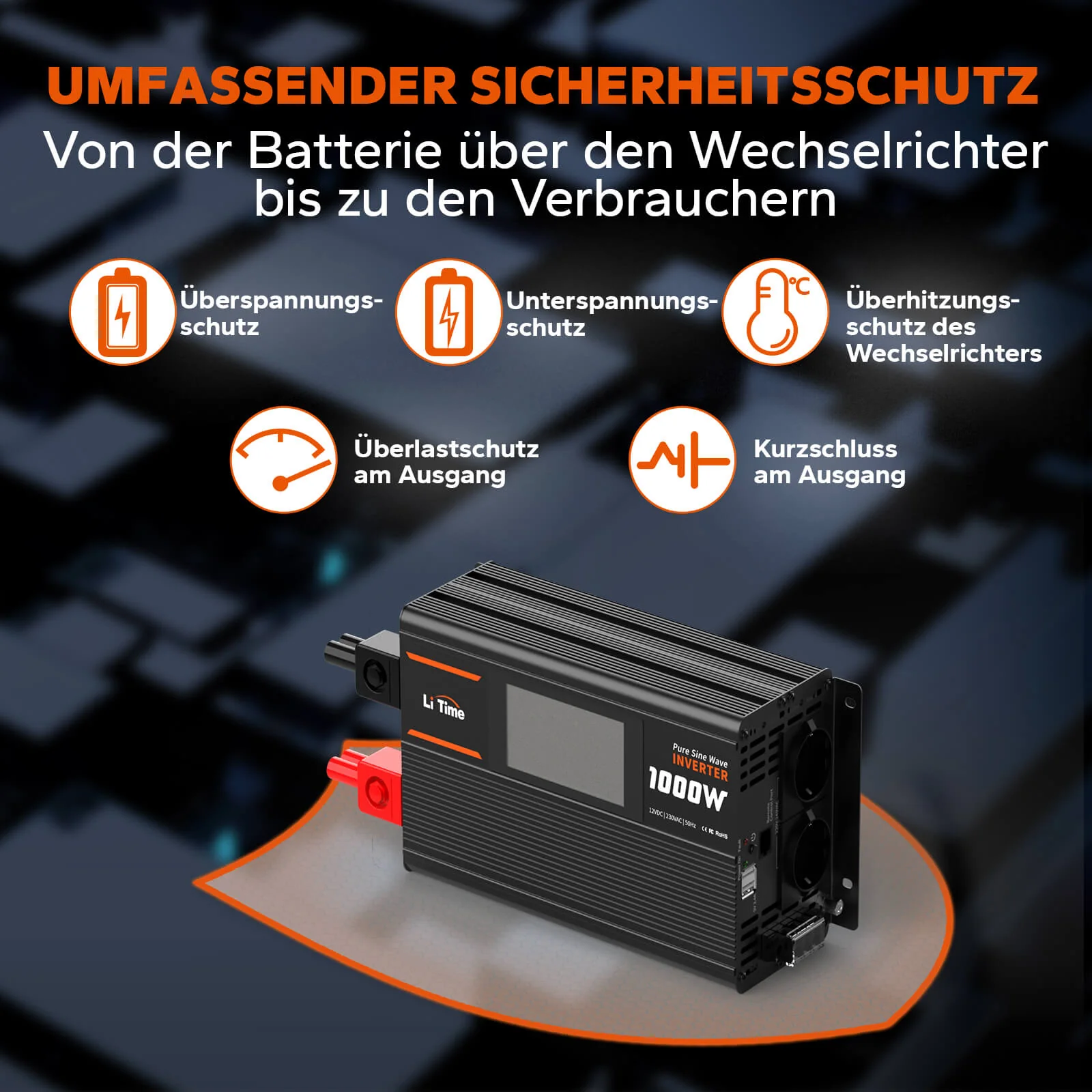 LiTime 1000W Reiner Sinsuswellen Wechselrichter 12VDC zu 230VAC Konverter - Image 3
