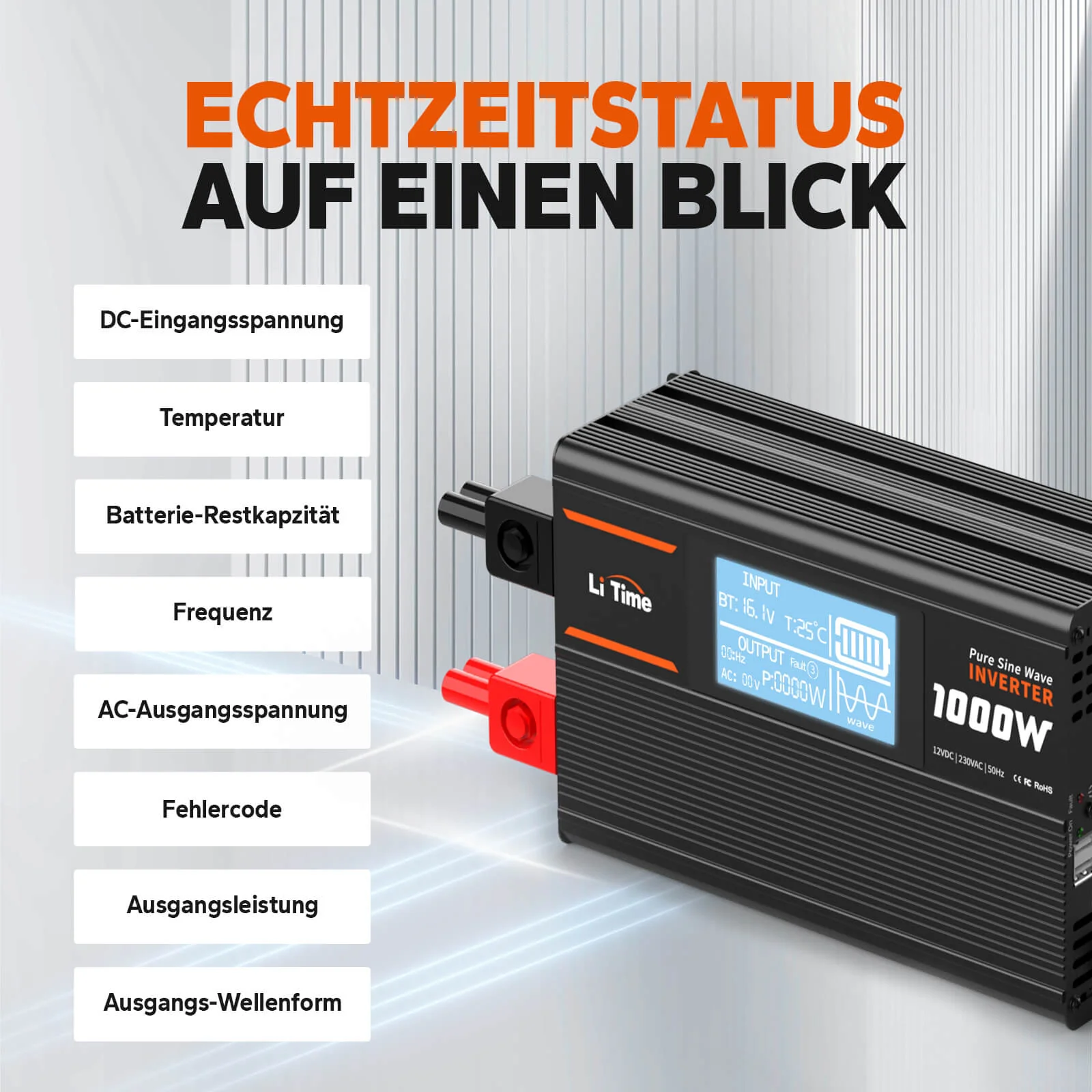 LiTime 1000W Reiner Sinsuswellen Wechselrichter 12VDC zu 230VAC Konverter - Image 4