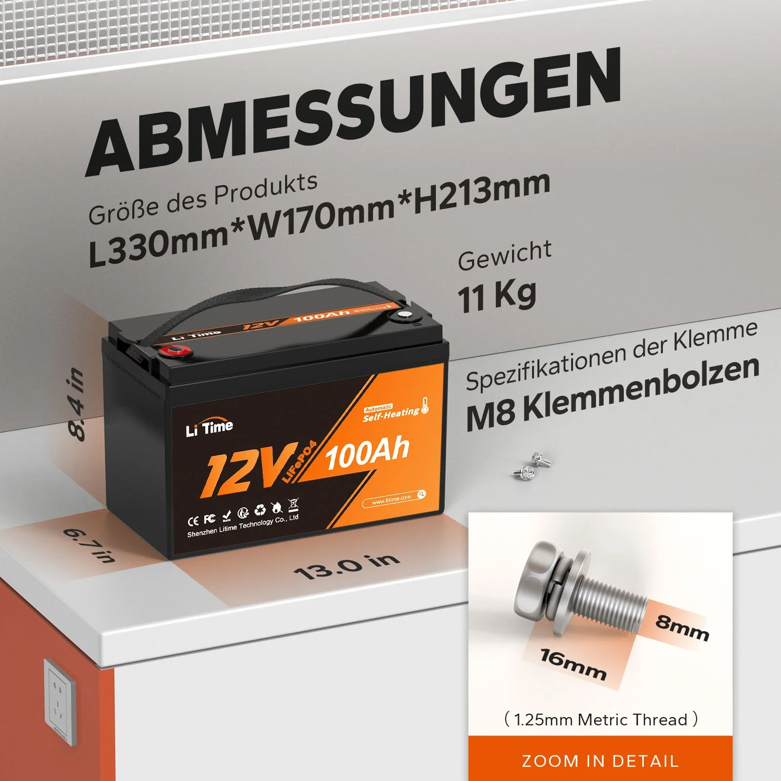 LiTime 12V 100Ah LiFePO4 Batterie mit Heizung, Low-Temp Schutz Deep Cycle LiFePO4 Batterie - Image 6